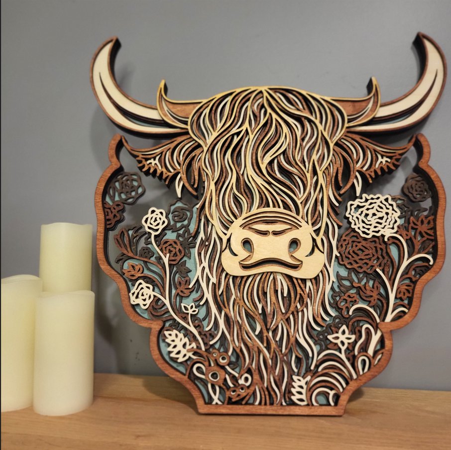 Highland cow layered wood art