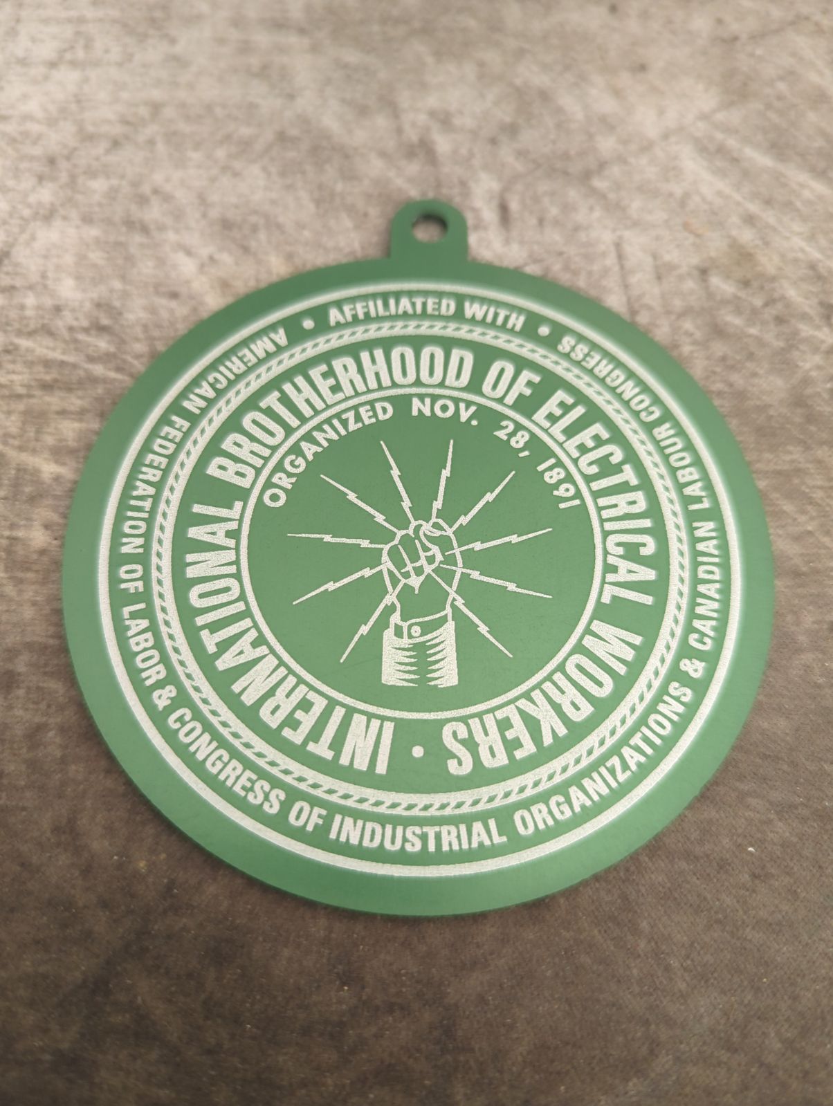IBEW powder coated metal ornament